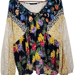 Colorful Floral Patchwork Blouse with Lace Sleeves boho cottage core